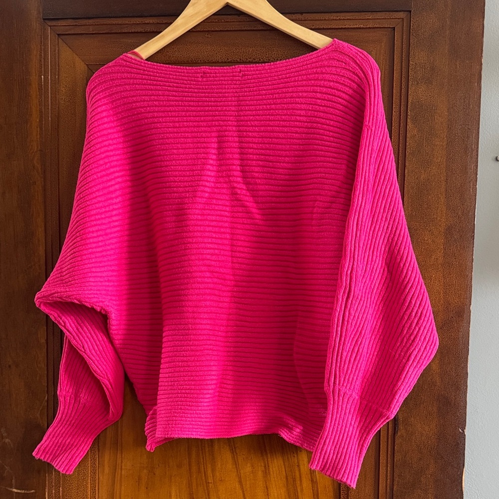 Anthropologie Hot Pink Ribbed Off-the-Shoulder Sweater - Picture 3 of 3